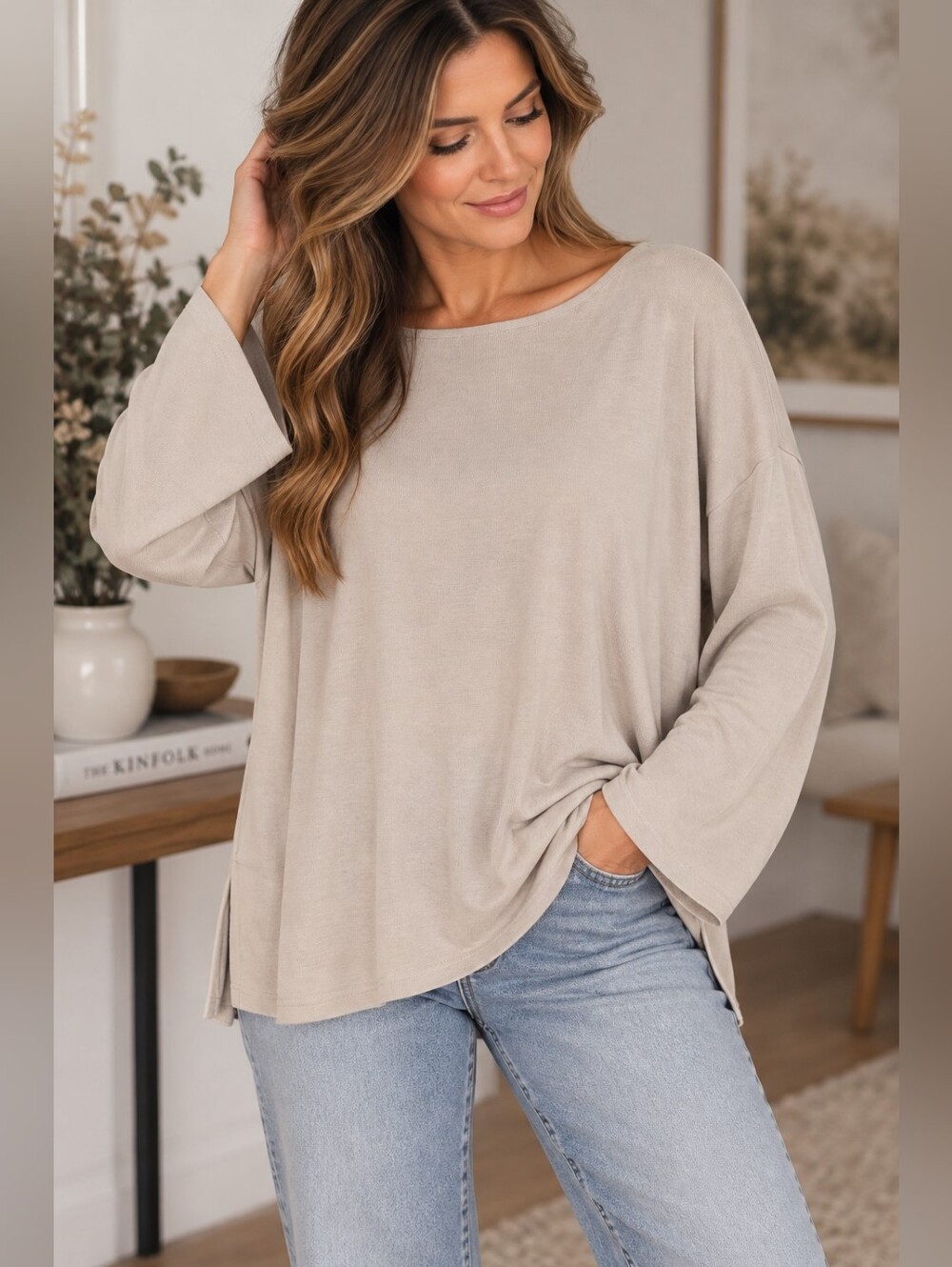 Babaton Aritzia Beige Oversized Cotton Modal Knit Top Size M